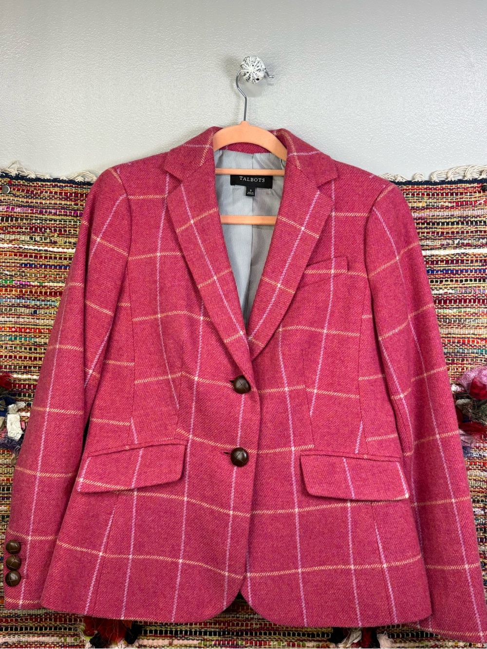Talbots Pink Windowpane Wool-Blend Blazer size 2 Wooden Buttons - Picture 4 of 5